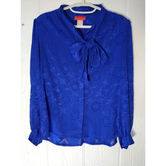 Halston Tops - Vtg Halston III Womens 12 Blouse Secretary Bow Neck Blue Floral Semi Sheer